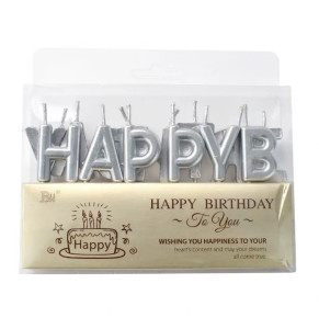 Свічки на торт "Happy Birthday" срібло