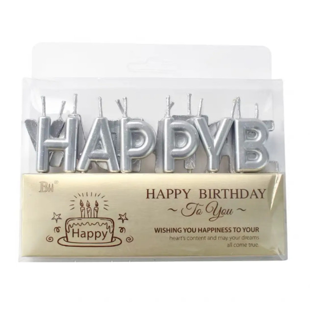 Свічки на торт "Happy Birthday" срібло
