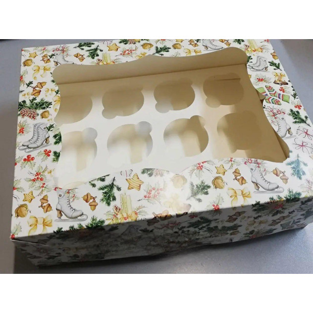 Коробки для кексів, мафінів, капкейків для 12 кексів новорічна 330х255х110 мм