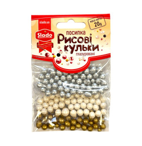 Посипка в стіках рисові кульки глазуровані мікс “Срібно-білий-золотий” 20 грам