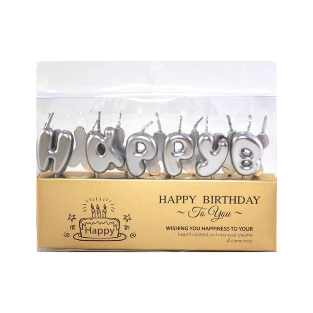 Свічки на торт "Happy Birthday" срібло