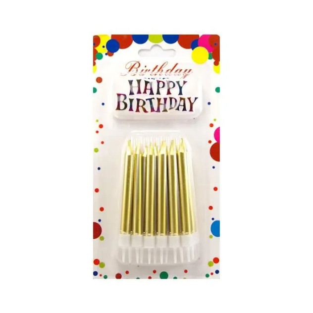 Свічки для торту Великі товсті Золото Металік + Напис Happy Birthday (12 шт)