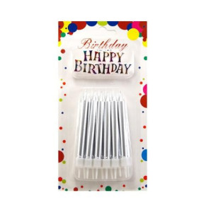 Свічки для торту Великі товсті Срібло Металік + Напис Happy Birthday (12 шт)