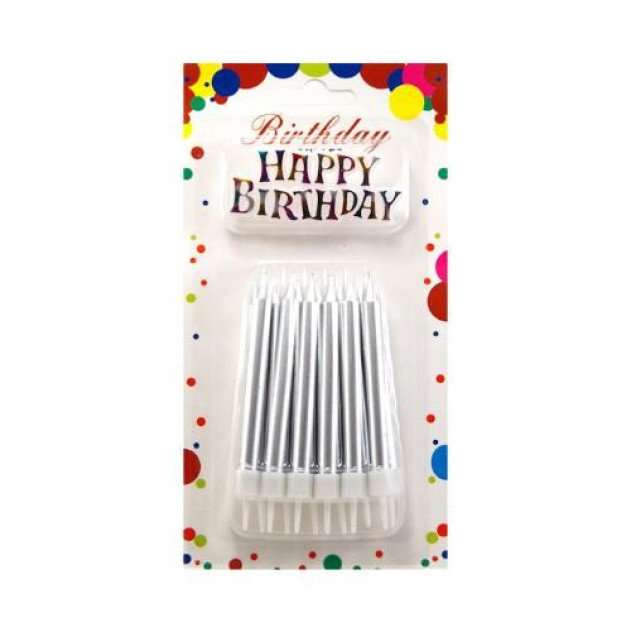 Свічки для торту Великі товсті Срібло Металік + Напис Happy Birthday (12 шт)