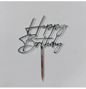 Топер акриловий Happy Birthday (З днем народження) Срібло