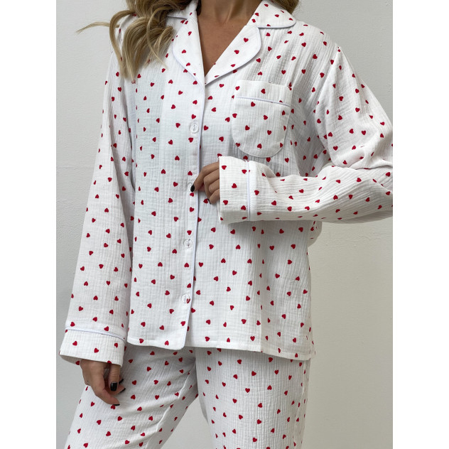 Жіноча муслінова піжама біла з червоними сердечками XS